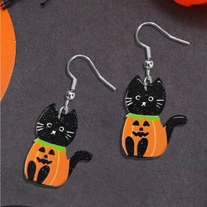 1pair Cute Pumpkin & Black Cat Design Halloween Party Earrings